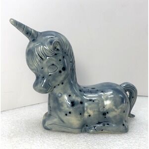 Vintage Ceramic Blue Unicorn Figurine 5" hand-Painted Spotted Horn Fantasy Decor